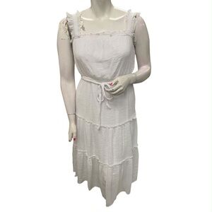 Luxology White Tiered Midi Dress with Tie Waist Size L